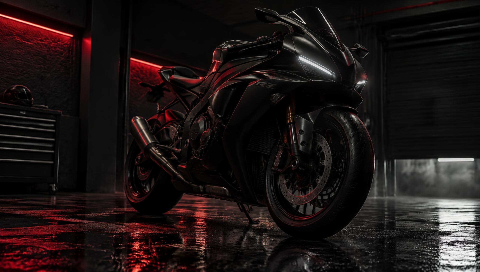 Matte black sport motorcycle in a dark garage with red lighting